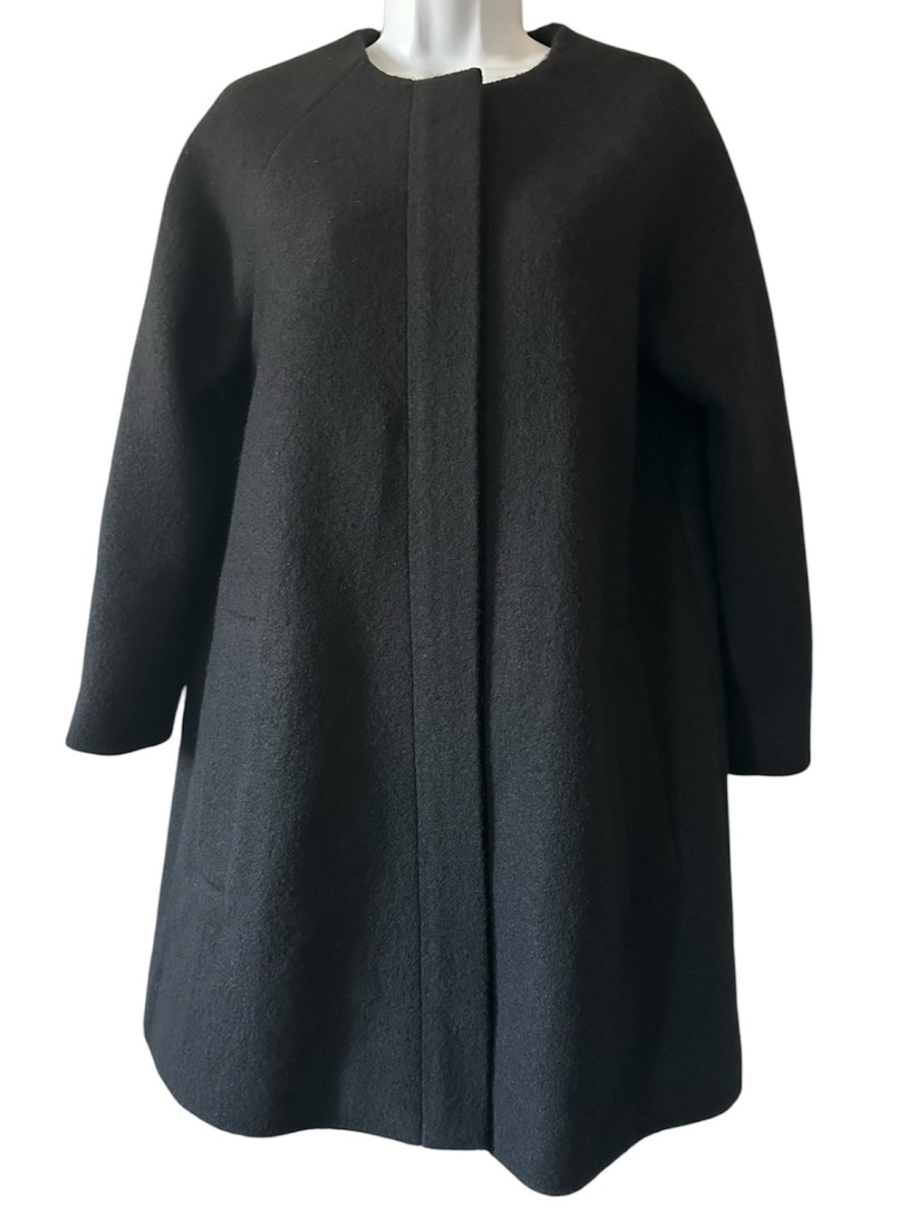 COS Women’s Black 100% Wool Collarless A-Line Hidden Zip Front Coat- Size 2 - Picture 2 of 14